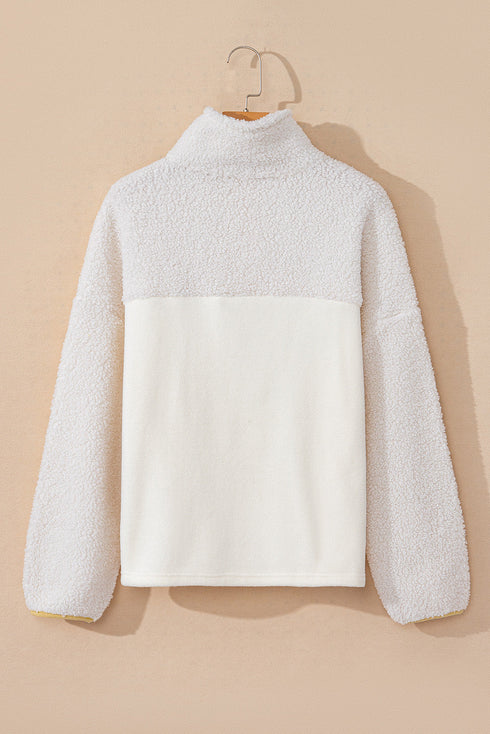 Mixed Texture Button Placket Sherpa Fleece Pullover