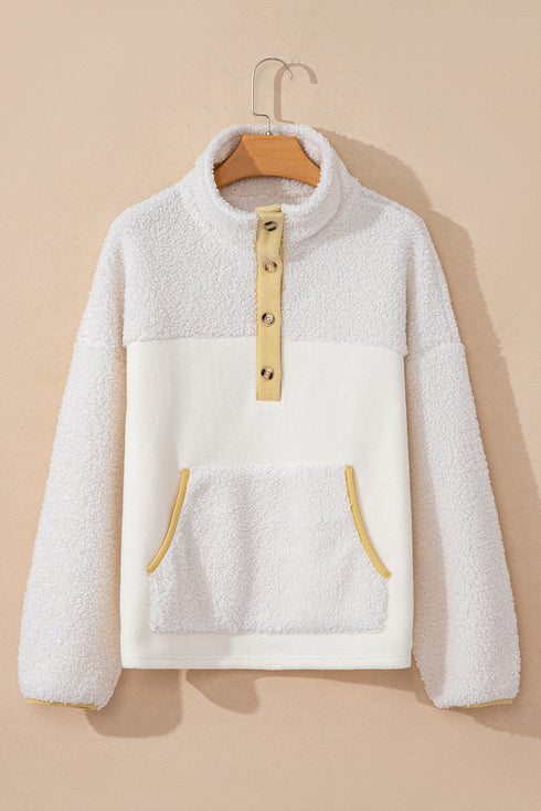Mixed Texture Button Placket Sherpa Fleece Pullover