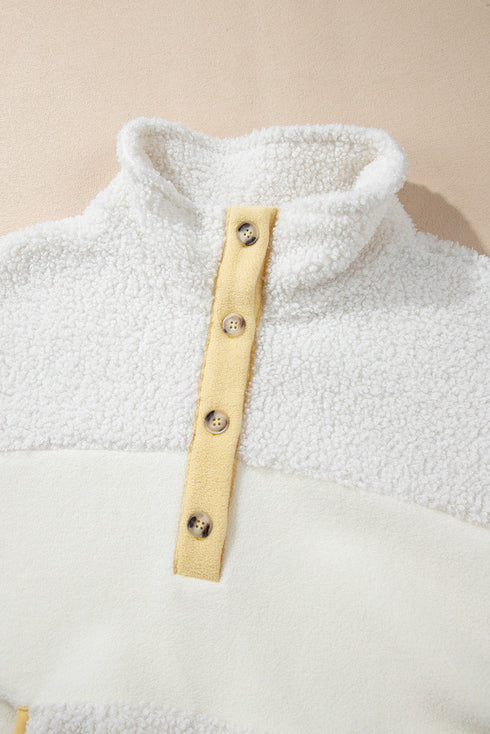 Mixed Texture Button Placket Sherpa Fleece Pullover