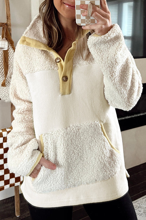 Mixed Texture Button Placket Sherpa Fleece Pullover
