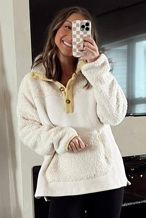 Mixed Texture Button Placket Sherpa Fleece Pullover