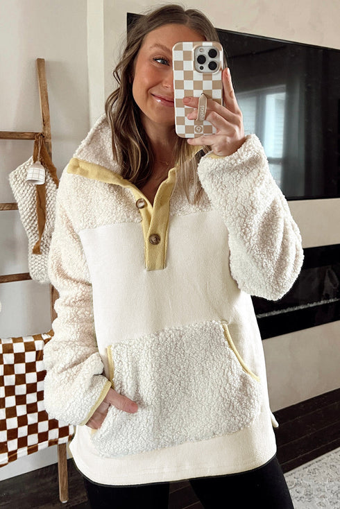 Mixed Texture Button Placket Sherpa Fleece Pullover