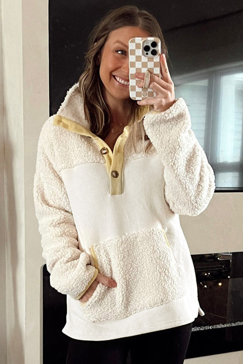 Mixed Texture Button Placket Sherpa Fleece Pullover