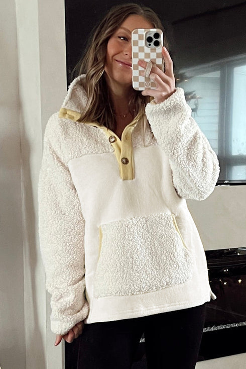 Mixed Texture Button Placket Sherpa Fleece Pullover