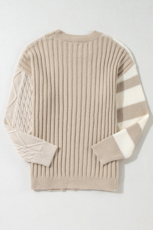 Mixed Texture Cable And Striped Knit Sweater