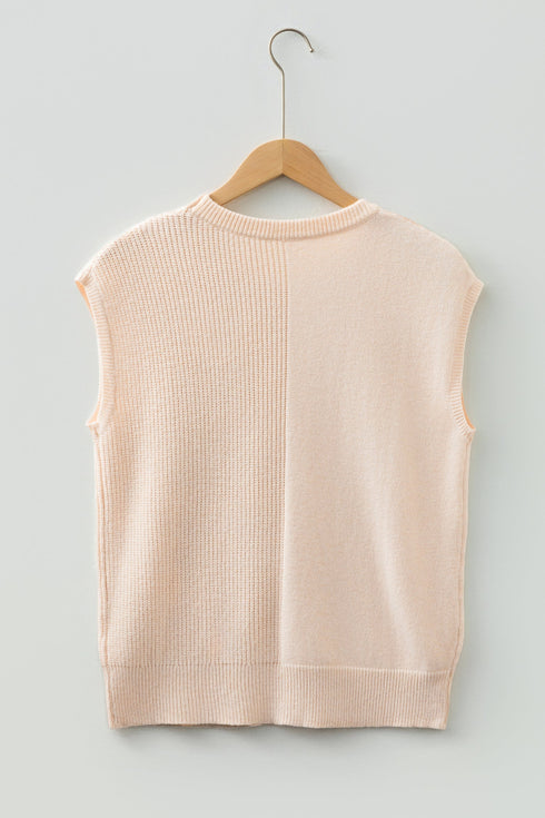 Mixed Texture Cap Sleeve Pocket Crew Neck Knit Top