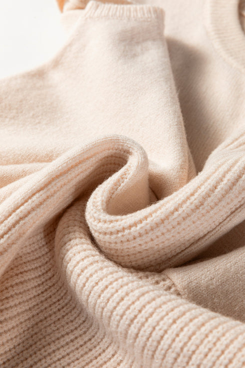 Mixed Texture Cap Sleeve Pocket Crew Neck Knit Top