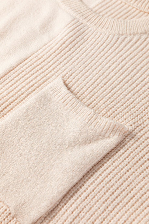 Mixed Texture Cap Sleeve Pocket Crew Neck Knit Top