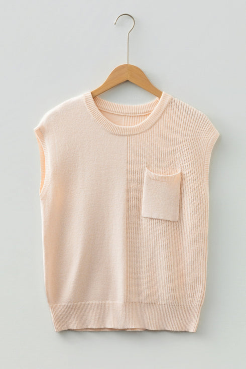 Mixed Texture Cap Sleeve Pocket Crew Neck Knit Top