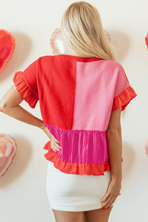 Mixed Texture Color Block Ruffle Peplum Top