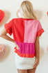 Mixed Texture Color Block Ruffle Peplum Top