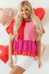 Mixed Texture Color Block Ruffle Peplum Top