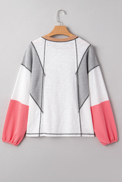 Mixed Texture Corded Patchwork Long Sleeve Top