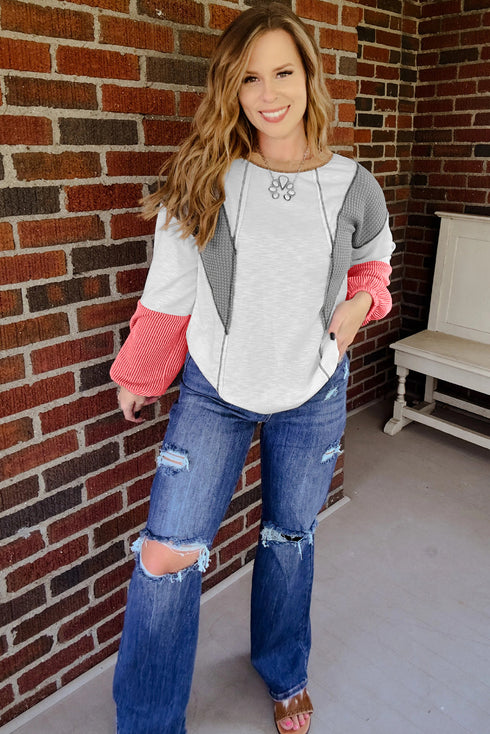 Mixed Texture Corded Patchwork Long Sleeve Top