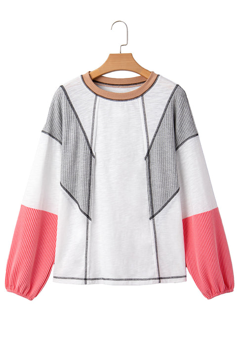 Mixed Texture Corded Patchwork Long Sleeve Top