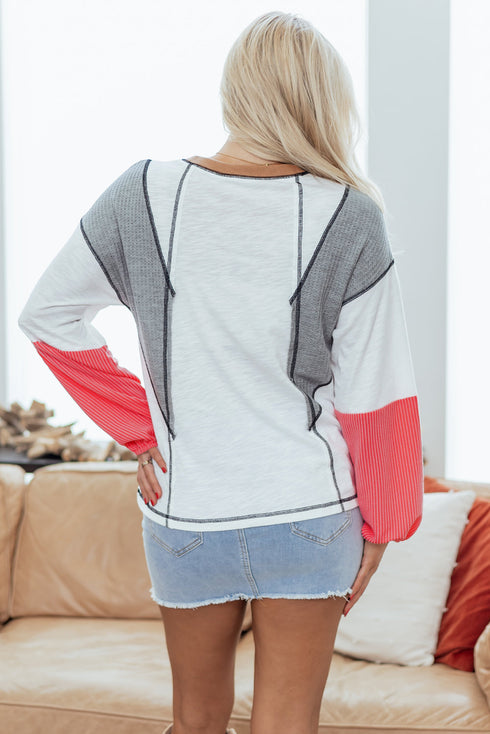 Mixed Texture Corded Patchwork Long Sleeve Top