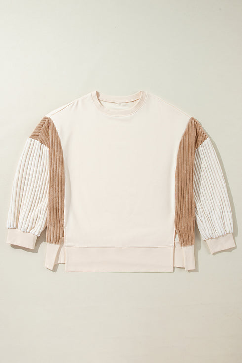 Mixed Texture Corded Sleeve Crew Neck Pullover