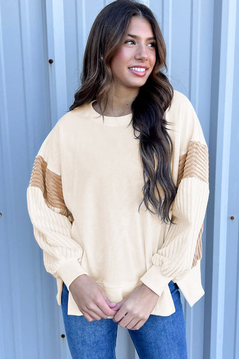Mixed Texture Corded Sleeve Crew Neck Pullover