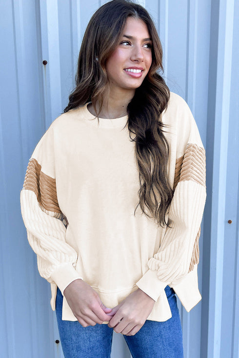Mixed Texture Corded Sleeve Crew Neck Pullover