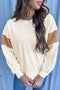 Mixed Texture Corded Sleeve Crew Neck Pullover