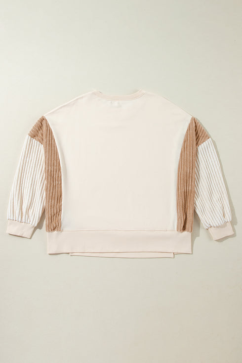 Mixed Texture Corded Sleeve Crew Neck Pullover