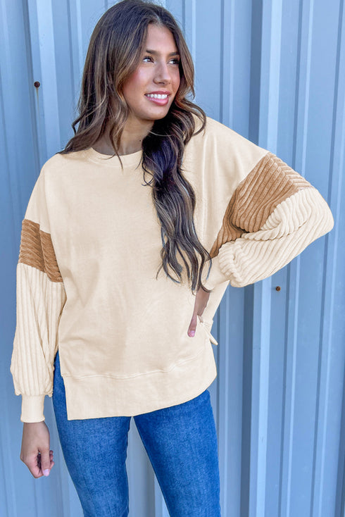 Mixed Texture Corded Sleeve Crew Neck Pullover