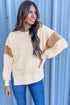 Mixed Texture Corded Sleeve Crew Neck Pullover