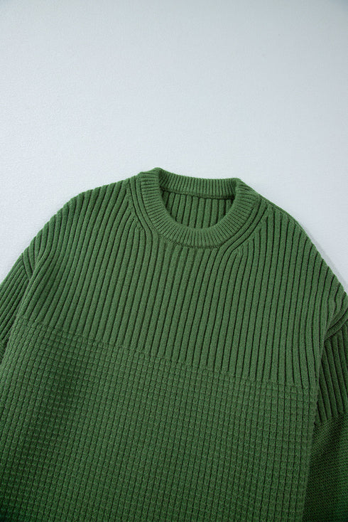 Mixed Texture Drop Shoulder Crew Neck Sweater