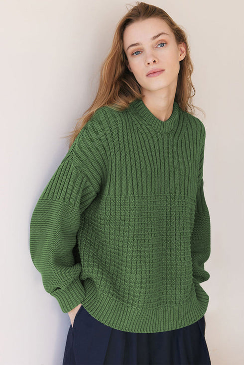 Mixed Texture Drop Shoulder Crew Neck Sweater