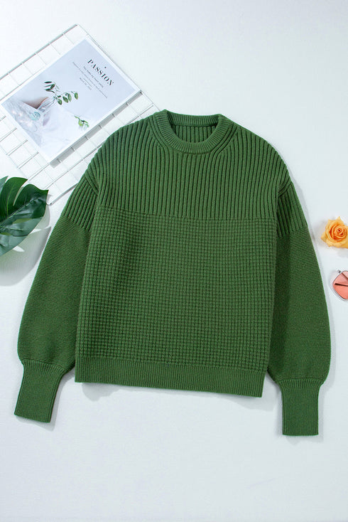 Mixed Texture Drop Shoulder Crew Neck Sweater