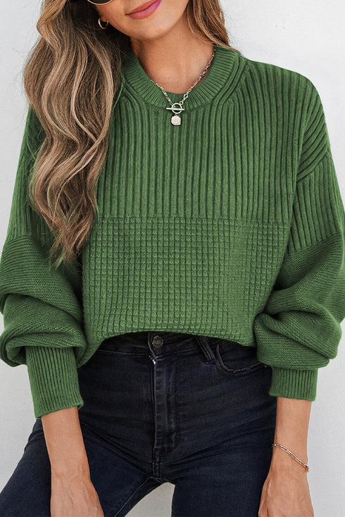 Mixed Texture Drop Shoulder Crew Neck Sweater