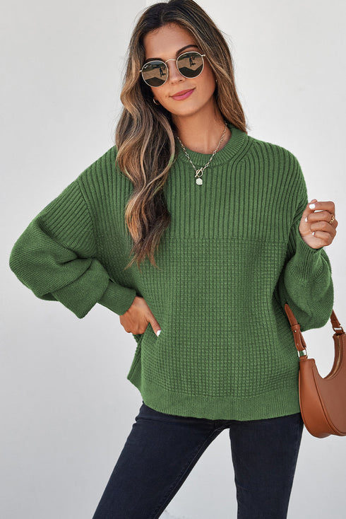 Mixed Texture Drop Shoulder Crew Neck Sweater