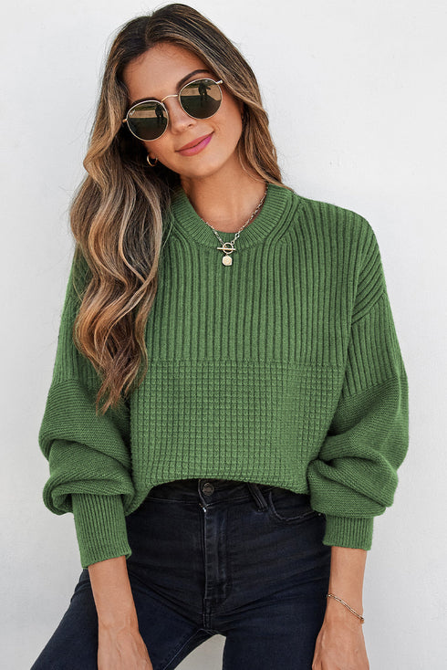 Mixed Texture Drop Shoulder Crew Neck Sweater