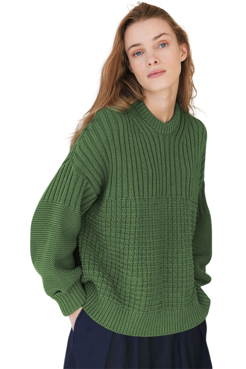Mixed Texture Drop Shoulder Crew Neck Sweater