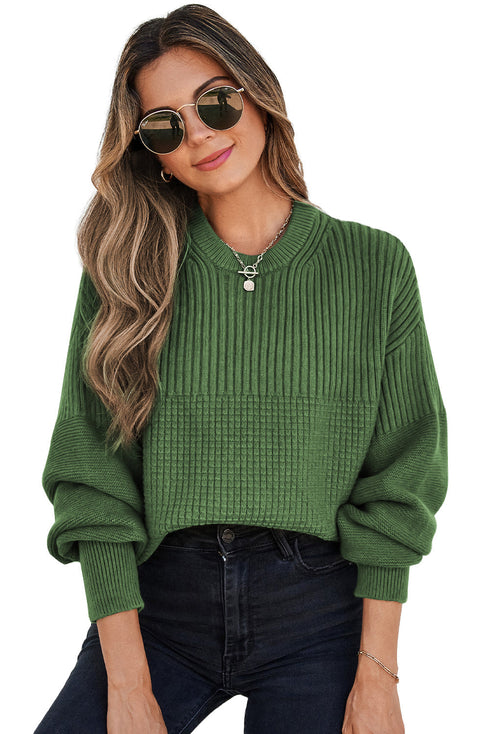 Mixed Texture Drop Shoulder Crew Neck Sweater
