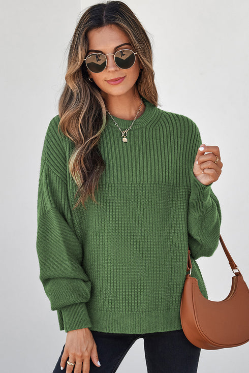 Mixed Texture Drop Shoulder Crew Neck Sweater