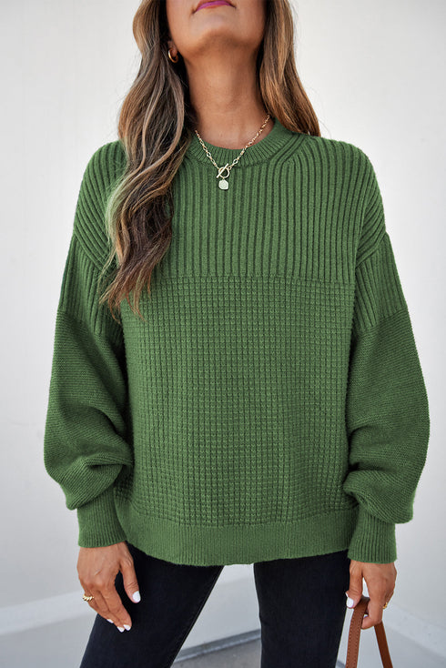 Mixed Texture Drop Shoulder Crew Neck Sweater