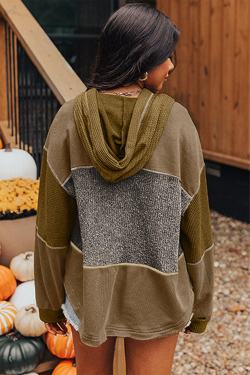 Mixed Texture Exposed Seam Button Henley Pullover