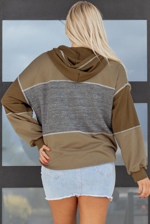 Mixed Texture Exposed Seam Button Henley Pullover