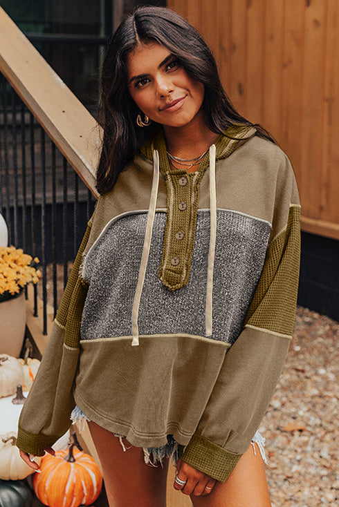 Mixed Texture Exposed Seam Button Henley Pullover
