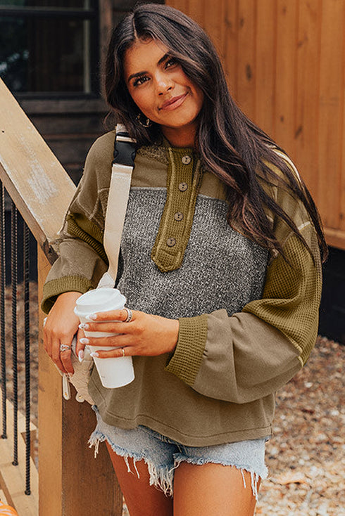 Mixed Texture Exposed Seam Button Henley Pullover
