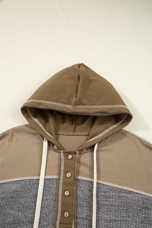 Mixed Texture Exposed Seam Button Henley Pullover