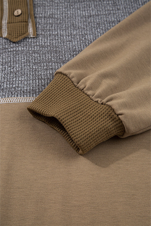 Mixed Texture Exposed Seam Button Henley Pullover