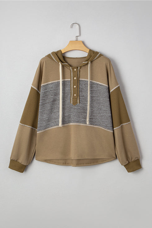 Mixed Texture Exposed Seam Button Henley Pullover