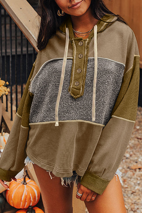 Mixed Texture Exposed Seam Button Henley Pullover