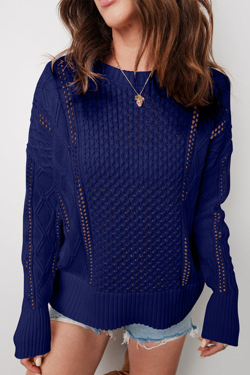 Mixed Texture Eyelet Panel Crewneck Knit Sweater
