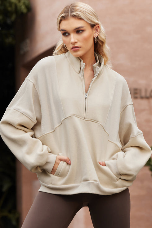 Mixed Texture Oversized Half Zip Pullover Sweatshirt