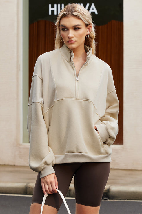 Mixed Texture Oversized Half Zip Pullover Sweatshirt