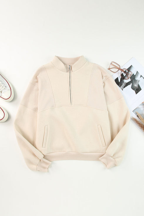 Mixed Texture Oversized Half Zip Pullover Sweatshirt
