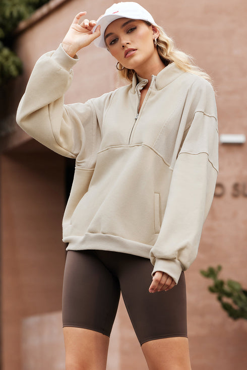 Mixed Texture Oversized Half Zip Pullover Sweatshirt